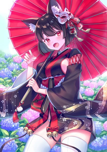 Anime picture 1415x2000 with azur lane yamashiro (azur lane) zoff (daria) single tall image looking at viewer blush fringe short hair breasts open mouth light erotic black hair smile red eyes large breasts standing holding animal ears outdoors