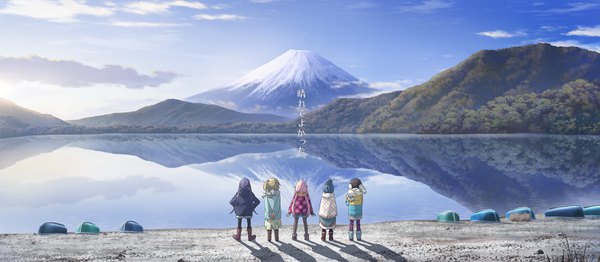 Anime picture 3200x1400 with yurucamp kagamihara nadeshiko shima rin inuyama aoi oogaki chiaki saitou ena highres black hair blonde hair wide image standing twintails multiple girls blue hair looking away pink hair purple hair cloud (clouds) full body ahoge