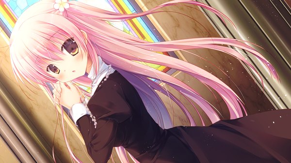 Anime picture 1280x720 with izayoi no fortuna shiomiya lucia miyasaka miyu long hair looking at viewer blush open mouth wide image brown eyes pink hair game cg girl dress