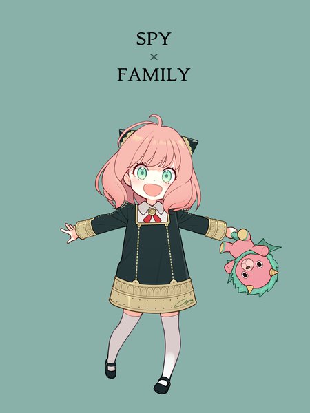 Anime picture 1200x1600 with spy x family anya (spy x family) director chimera (spy x family) chimachi single tall image looking at viewer short hair open mouth simple background pink hair full body ahoge :d aqua eyes copyright name spread arms aqua background girl thighhighs