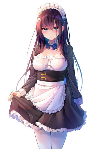 Anime picture 1450x2048 with original maid-chan (ramchi) ramchi single long hair tall image looking at viewer blush fringe breasts blue eyes simple background hair between eyes brown hair standing white background holding signed long sleeves mole
