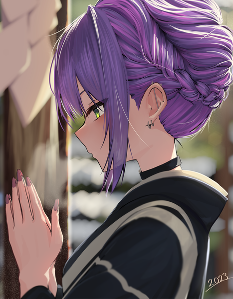 Anime picture 3040x3905 with virtual youtuber hololive tokoyami towa inaba teitoku single tall image highres green eyes payot looking away absurdres purple hair upper body nail polish profile piercing ear piercing alternate hairstyle new year hair up