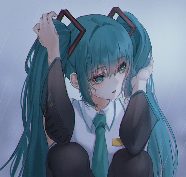 Anime picture 2000x1907 with vocaloid hatsune miku ame 816 single long hair fringe highres open mouth simple background hair between eyes twintails payot looking away aqua eyes aqua hair arms up tears rain crying anaglyph