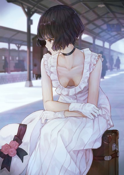 Anime picture 1000x1414 with original tokiwa reika kaoming tall image fringe short hair breasts light erotic black hair sitting looking away cleavage profile black eyes blurry shadow leaning leaning forward sleeveless solo focus