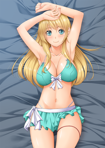 Anime picture 744x1052 with kantai collection atago heavy cruiser chiro (pixiv) single long hair tall image looking at viewer blush fringe breasts light erotic blonde hair smile large breasts lying aqua eyes arms up bare belly armpit (armpits) on back