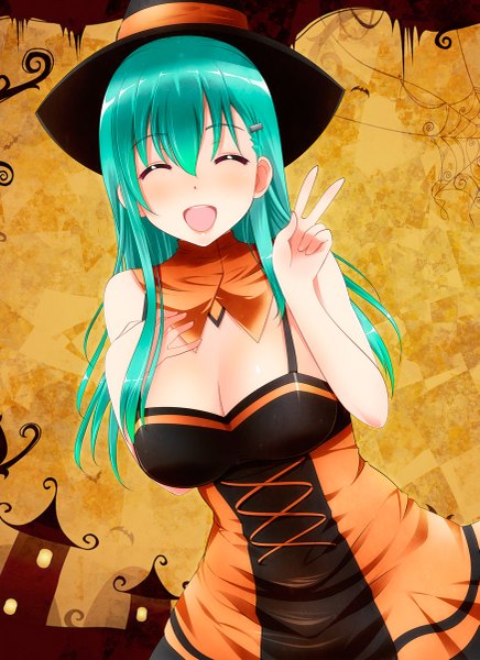 Anime picture 873x1200 with kantai collection suzuya heavy cruiser kiko (weavehabit) single long hair tall image blush fringe breasts open mouth smile eyes closed aqua hair victory halloween ^ ^ ^o^ girl hat witch hat