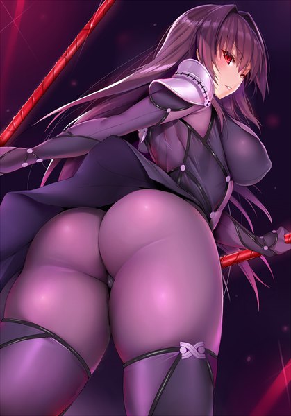 Anime picture 1200x1719 with fate (series) fate/grand order scathach (fate) (all) scathach (fate) blue gk single long hair tall image looking at viewer blush fringe breasts light erotic hair between eyes red eyes large breasts holding purple hair ass from below
