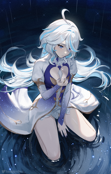 Anime picture 767x1200 with genshin impact focalors (genshin impact) helloimtea single long hair tall image blue eyes cleavage ahoge white hair nail polish multicolored hair from above streaked hair tears kneeling partially submerged looking down spoilers ripples