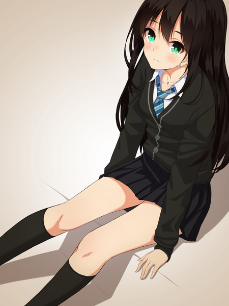 Anime picture 1500x2000 with idolmaster idolmaster cinderella girls shibuya rin anza tomo single long hair tall image looking at viewer blush black hair simple background sitting green eyes pleated skirt from above open collar brown background girl skirt uniform