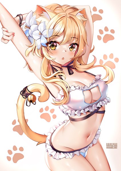 Anime picture 884x1250 with genshin impact lumine (genshin impact) squchan single long hair tall image looking at viewer blush fringe breasts open mouth light erotic simple background blonde hair large breasts standing signed animal ears yellow eyes cleavage