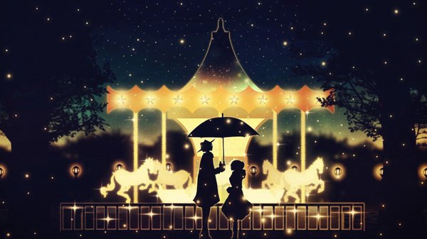 Anime picture 1600x900 with snow white (solaris clock) solaris clock harada miyuki short hair wide image standing holding outdoors night night sky lens flare snowing silhouette shared umbrella girl dress boy plant (plants) hat tree (trees)