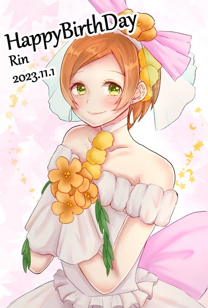 Anime picture 1378x2039 with love live! school idol project sunrise (studio) love live! hoshizora rin irumocan single tall image looking at viewer blush short hair smile green eyes upper body orange hair off shoulder character names dated happy birthday girl dress
