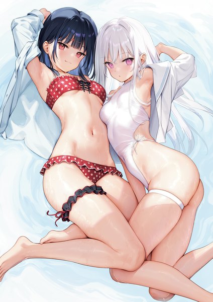 Anime picture 1358x1920 with original shiro-chan (mignon) ichigo-chan (mignon) mignon long hair tall image looking at viewer fringe breasts light erotic black hair smile red eyes multiple girls bent knee (knees) ass white hair lying blunt bangs long sleeves