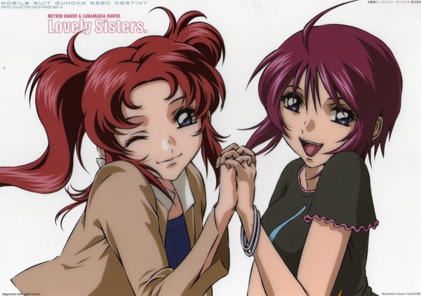Anime picture 3000x2112 with mobile suit gundam gundam seed destiny sunrise (studio) lunamaria hawke meyrin hawke highres short hair open mouth simple background white background twintails multiple girls pink hair absurdres ahoge red hair one eye closed wink grey eyes holding hands