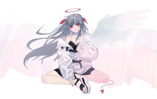 Anime picture 2456x1550 with original haizome senri single long hair looking at viewer blush fringe highres breasts simple background smile hair between eyes red eyes white background sitting bare shoulders payot full body bent knee (knees) tail