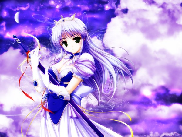 Anime picture 1280x960 with yoake mae yori ruri iro na august soft feena fam earthlight purple background sword crown