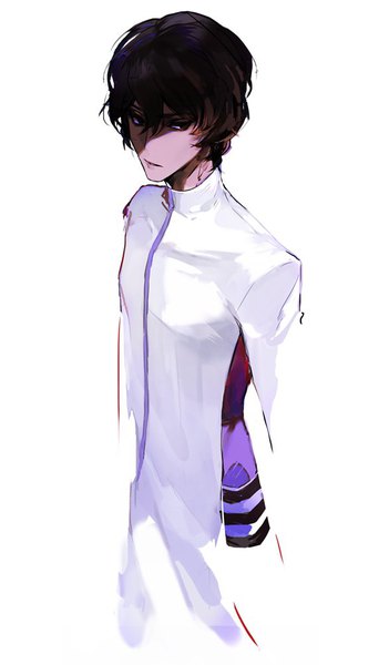 Anime picture 586x1000 with fate (series) fate/grand order arjuna (fate) mo (mocopo) single tall image fringe short hair black hair simple background hair between eyes white background looking away from above black eyes shaded face boy