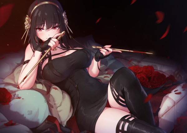 Anime picture 4113x2914 with spy x family yor briar mitsu (mitsu art) single long hair looking at viewer blush fringe highres breasts light erotic black hair smile hair between eyes red eyes large breasts holding absurdres cleavage bent knee (knees)