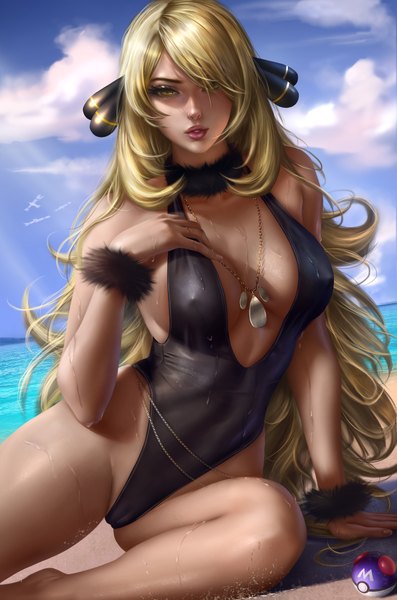Anime picture 2894x4367 with pokemon pokemon dppt nintendo cynthia (pokemon) wingull logan cure single long hair tall image looking at viewer fringe highres breasts light erotic blonde hair large breasts sitting bare shoulders yellow eyes payot