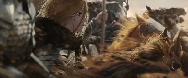Anime picture 3500x1459 with original tacshojosora fringe highres short hair open mouth blonde hair wide image holding brown eyes looking away upper body outdoors profile wind blurry realistic depth of field fur trim solo focus