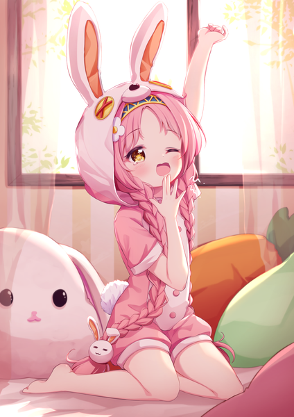 Anime picture 1166x1650 with princess connect! re:dive princess connect! mimi (princess connect!) setmen single long hair tall image blush fringe open mouth sitting brown eyes looking away pink hair full body bent knee (knees) indoors braid (braids) one eye closed barefoot