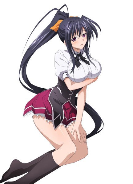 Anime picture 921x1280 with highschool dxd himejima akeno single long hair tall image looking at viewer blush breasts light erotic black hair simple background smile large breasts standing white background ponytail parted lips pink eyes arm support official art