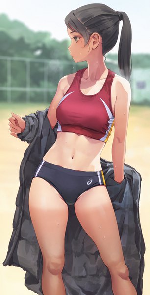 Anime picture 2157x4226 with original koh (minagi kou) single tall image blush highres short hair light erotic standing bare shoulders payot looking away outdoors ponytail profile grey hair blurry off shoulder mole open jacket