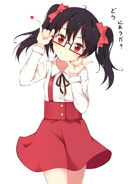 Anime picture 636x900 with love live! school idol project sunrise (studio) love live! yazawa nico li yang single long hair tall image looking at viewer blush fringe black hair simple background smile red eyes white background twintails ahoge text adjusting glasses