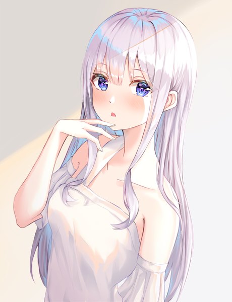 Anime picture 4664x6073 with original kokose single long hair tall image looking at viewer blush fringe highres open mouth blue eyes simple background hair between eyes bare shoulders payot absurdres silver hair upper body arm up grey background