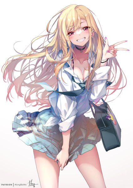Anime picture 707x1000 with sono bisque doll wa koi wo suru cloverworks kitagawa marin hong (white spider) single long hair tall image breasts light erotic simple background blonde hair smile white background cleavage nail polish head tilt pleated skirt pink eyes fingernails grin