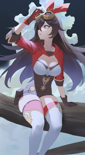 Anime picture 828x1500 with genshin impact amber (genshin impact) hood (james x) single long hair tall image fringe hair between eyes brown hair sitting yellow eyes looking away cleavage cloud (clouds) profile arm up arm support sunglasses on head tree sitting girl
