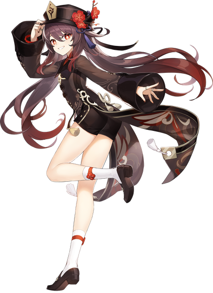 Anime picture 3240x4452 with genshin impact hu tao (genshin impact) single long hair tall image fringe highres smile hair between eyes red eyes brown hair standing twintails absurdres full body looking back official art grin symbol-shaped pupils standing on one leg