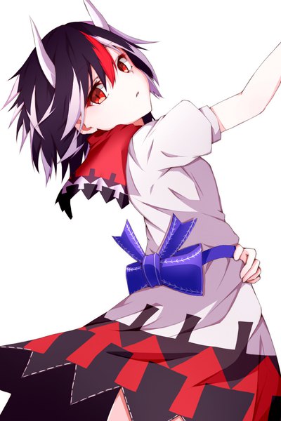 Anime picture 800x1200 with touhou double dealing character kijin seija nankotsu single tall image looking at viewer fringe short hair black hair simple background hair between eyes red eyes white background multicolored hair horn (horns) puffy sleeves streaked hair turning head girl