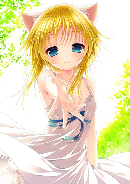 Anime picture 800x1130 with original minatsuki alumi single tall image looking at viewer blush fringe short hair blue eyes blonde hair bare shoulders animal ears sunlight cat ears cat girl outstretched hand girl dress ribbon (ribbons) white dress