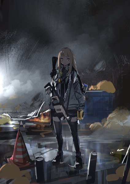 Anime picture 1000x1415 with original renatus z single long hair tall image looking at viewer fringe blonde hair standing twintails holding brown eyes sky cloud (clouds) outdoors night open jacket night sky reflection smoke
