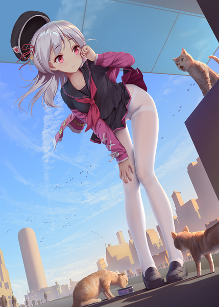 Anime picture 1296x1812 with ash arms kv-1 (ash arms) tokinohimitsu long hair tall image blush fringe light erotic smile sky silver hair cloud (clouds) outdoors long sleeves pleated skirt pink eyes arm up wind off shoulder open jacket