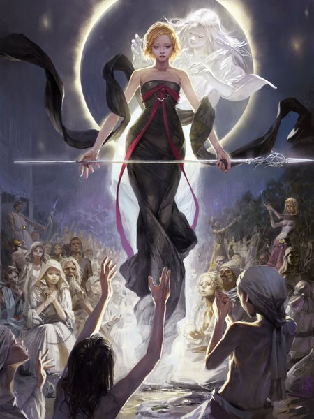 Anime picture 3000x4000 with original totorrl (artist) long hair tall image highres short hair blonde hair smile bare shoulders multiple girls holding yellow eyes looking away white hair eyes closed parted lips arm up outstretched arm angel praying