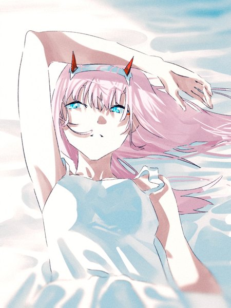 Anime picture 787x1049 with darling in the franxx studio trigger zero two (darling in the franxx) altea0923 single long hair tall image looking at viewer fringe blue eyes hair between eyes bare shoulders pink hair upper body lying parted lips horn (horns) on back girl dress