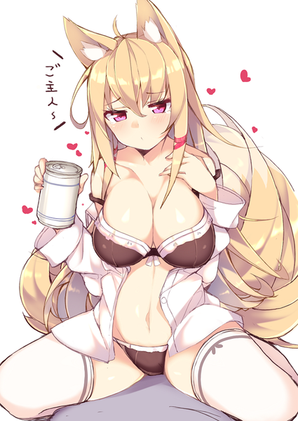 Anime picture 700x988 with original haruyuki (yukichasoba) single long hair tall image looking at viewer blush breasts light erotic blonde hair simple background large breasts white background sitting holding animal ears ahoge tail head tilt animal tail