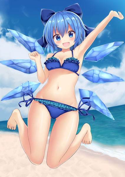Anime picture 2480x3507 with touhou cirno suigetsu (watermoon-910) single tall image looking at viewer blush fringe highres short hair breasts open mouth blue eyes light erotic smile hair between eyes blue hair sky cloud (clouds) bent knee (knees)