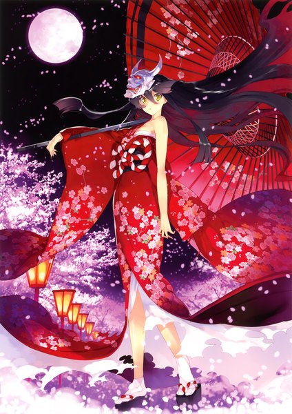 Anime picture 3251x4602 with original ueda ryou single long hair tall image looking at viewer highres black hair yellow eyes absurdres traditional clothes japanese clothes cherry blossoms mask on head girl flower (flowers) petals socks kimono umbrella
