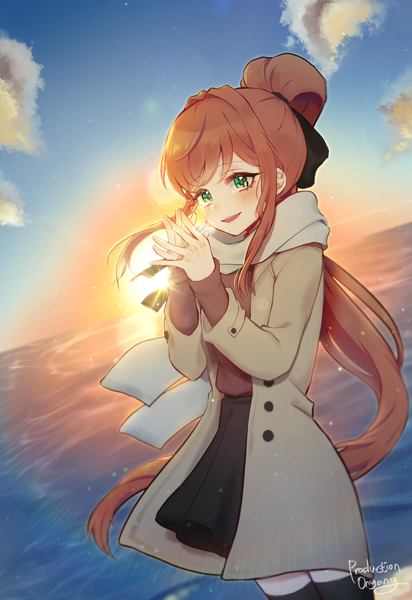 Anime picture 1300x1893 with doki doki literature club monika (doki doki literature club) prodonyang single long hair tall image looking at viewer blush fringe smile brown hair green eyes signed payot cloud (clouds) outdoors ponytail wind open clothes alternate costume