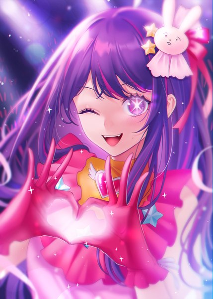 Anime picture 2500x3500 with oshi no ko hoshino ai (oshi no ko) gfpebs single long hair tall image highres open mouth purple eyes purple hair upper body one eye closed multicolored hair wink sparkle streaked hair symbol-shaped pupils ;d heart hands girl