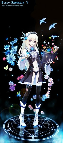 Anime picture 442x1000 with pixiv fantasia v neyti (artist) long hair tall image light erotic blonde hair standing open clothes open jacket open shirt magic dark background girl thighhighs navel underwear panties flower (flowers) black thighhighs detached sleeves