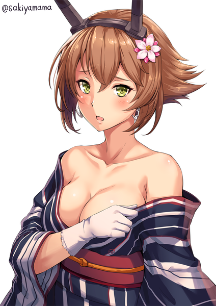 Anime picture 800x1131 with kantai collection mutsu battleship sakiyamama single tall image looking at viewer blush fringe short hair breasts open mouth light erotic simple background hair between eyes brown hair large breasts standing white background bare shoulders green eyes
