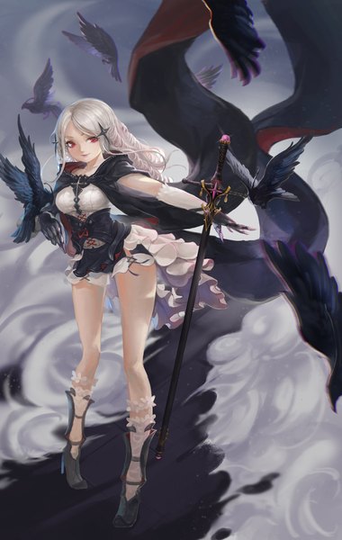 Anime picture 1268x2000 with original pixiv fantasia pixiv fantasia fallen kings quaanqin long hair tall image looking at viewer smile red eyes white hair wind legs outstretched arm drill hair smoke girl dress gloves hair ornament weapon