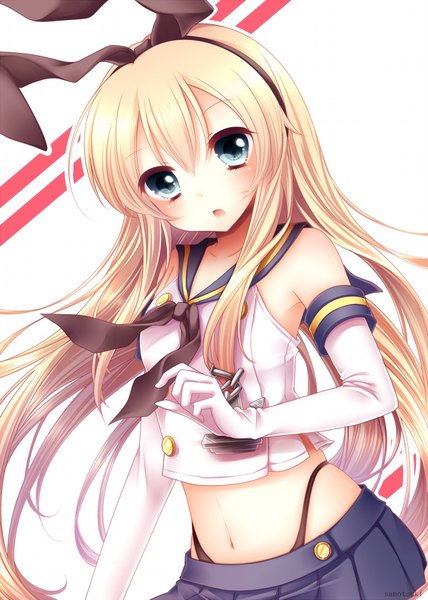 Anime picture 600x840 with kantai collection shimakaze destroyer sanotsuki single long hair tall image blush open mouth blue eyes blonde hair white background pleated skirt girl skirt gloves navel elbow gloves white gloves hairband blue skirt