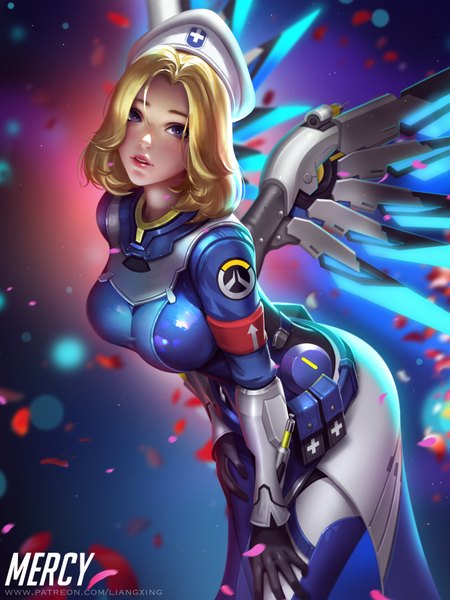 Anime picture 6000x8000 with overwatch blizzard entertainment mercy (overwatch) combat medic ziegler liang xing single tall image looking at viewer blush fringe highres short hair breasts blue eyes blonde hair hair between eyes large breasts standing signed absurdres