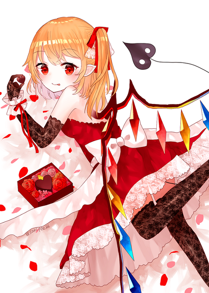 Anime picture 724x1012 with touhou flandre scarlet sakizaki saki-p single tall image looking at viewer short hair blonde hair red eyes white background signed pointy ears alternate costume twitter username one side up :p valentine girl thighhighs gloves