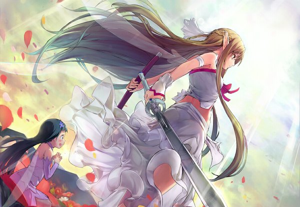 Anime picture 1155x800 with sword art online a-1 pictures yuuki asuna yui (sao) titania (alo) shouin long hair black hair brown hair multiple girls brown eyes pointy ears elf girl dress flower (flowers) weapon 2 girls petals sword